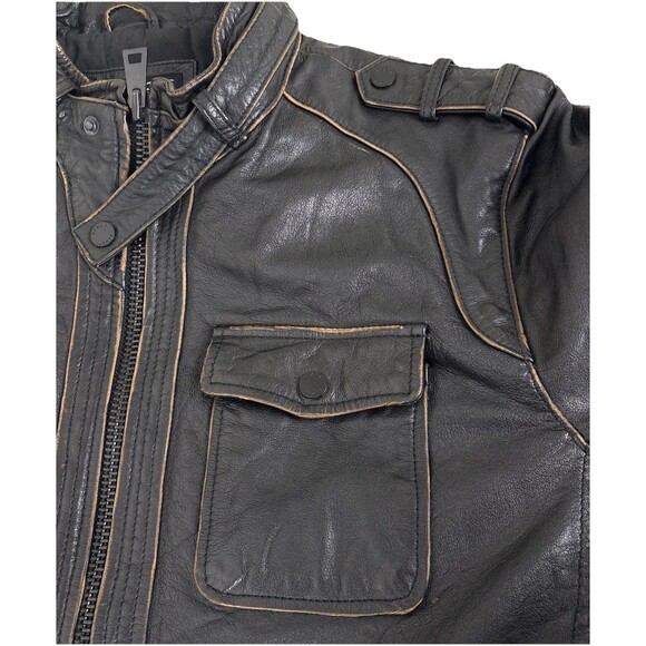 Black Rivet Cafe Racer Motorcycle Leather Jacket Mens XL Brown Distressed Finish - Picture 4 of 12